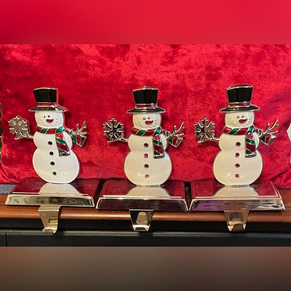 Three (3) Enamel Painted Silver Tone Snowman Stocking Holders